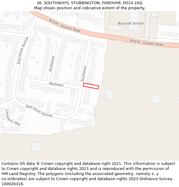 36, SOUTHWAYS, STUBBINGTON, FAREHAM, PO14 2AQ: Location map and indicative extent of plot