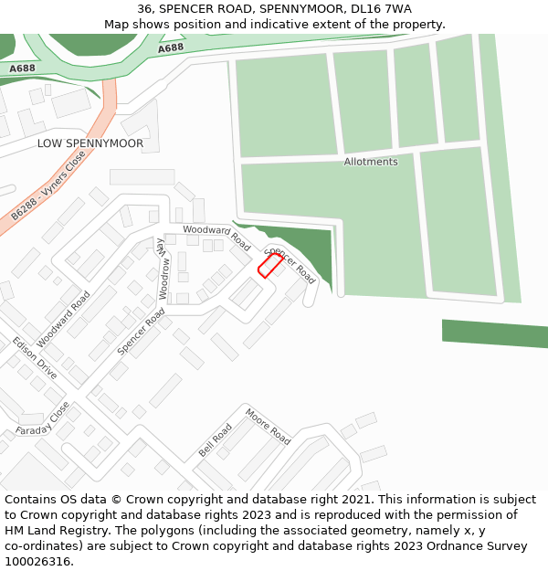 36, SPENCER ROAD, SPENNYMOOR, DL16 7WA: Location map and indicative extent of plot