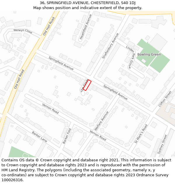 36, SPRINGFIELD AVENUE, CHESTERFIELD, S40 1DJ: Location map and indicative extent of plot