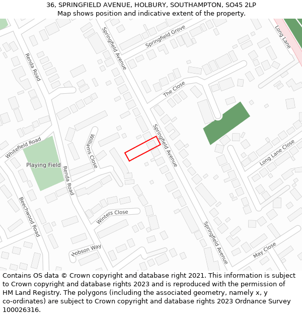 36, SPRINGFIELD AVENUE, HOLBURY, SOUTHAMPTON, SO45 2LP: Location map and indicative extent of plot
