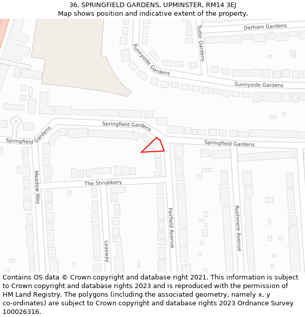 36, SPRINGFIELD GARDENS, UPMINSTER, RM14 3EJ: Location map and indicative extent of plot