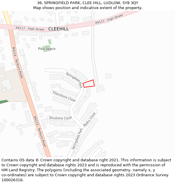 36, SPRINGFIELD PARK, CLEE HILL, LUDLOW, SY8 3QY: Location map and indicative extent of plot