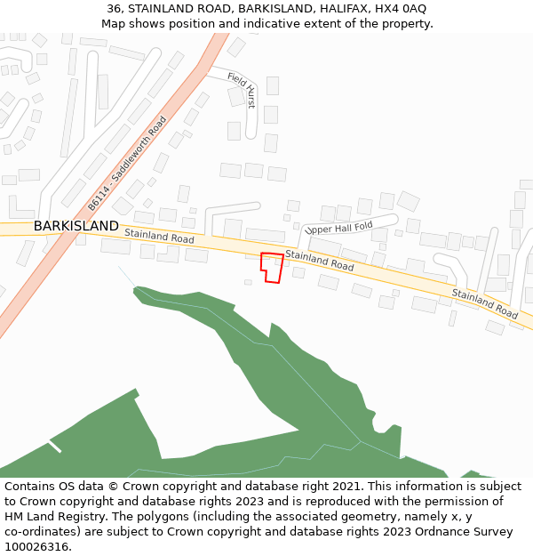 36, STAINLAND ROAD, BARKISLAND, HALIFAX, HX4 0AQ: Location map and indicative extent of plot