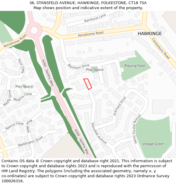 36, STANSFELD AVENUE, HAWKINGE, FOLKESTONE, CT18 7SA: Location map and indicative extent of plot