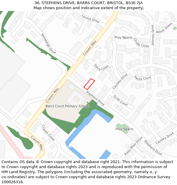 36, STEPHENS DRIVE, BARRS COURT, BRISTOL, BS30 7JA: Location map and indicative extent of plot