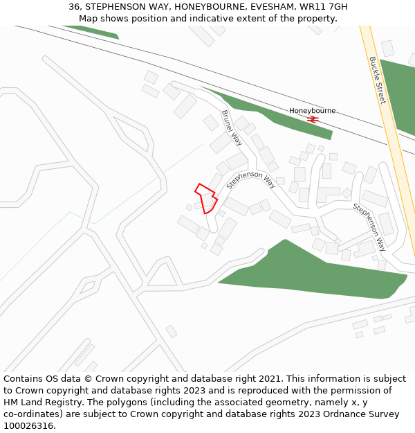 36, STEPHENSON WAY, HONEYBOURNE, EVESHAM, WR11 7GH: Location map and indicative extent of plot