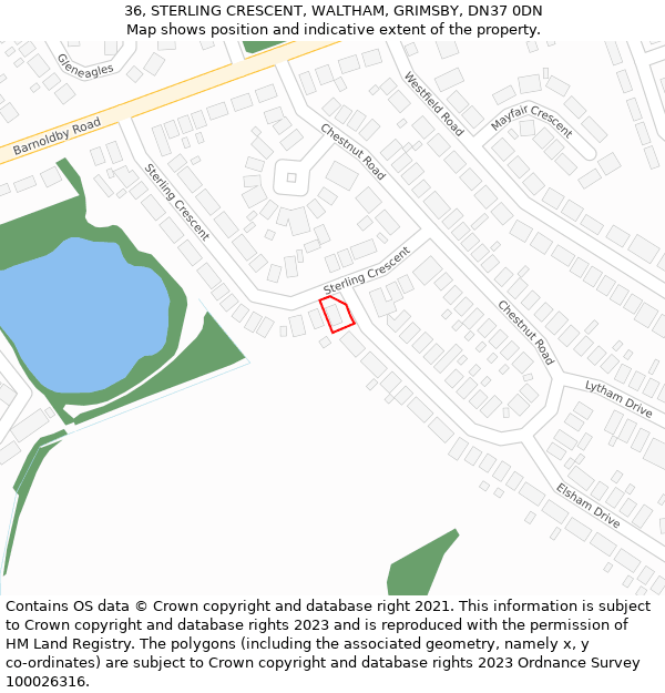 36, STERLING CRESCENT, WALTHAM, GRIMSBY, DN37 0DN: Location map and indicative extent of plot