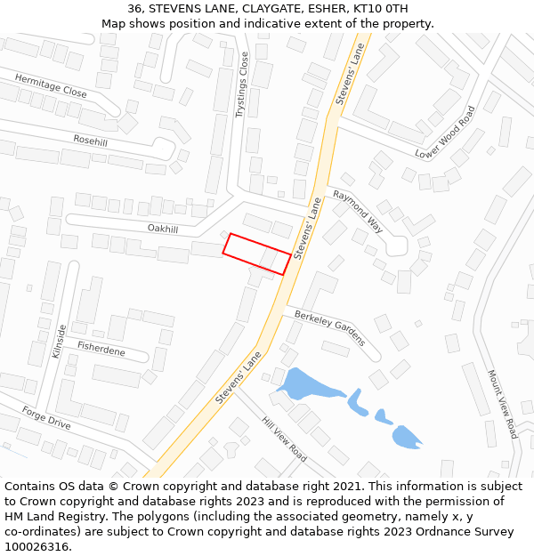 36, STEVENS LANE, CLAYGATE, ESHER, KT10 0TH: Location map and indicative extent of plot