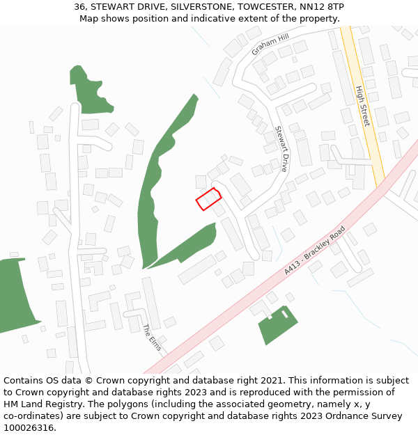 36, STEWART DRIVE, SILVERSTONE, TOWCESTER, NN12 8TP: Location map and indicative extent of plot