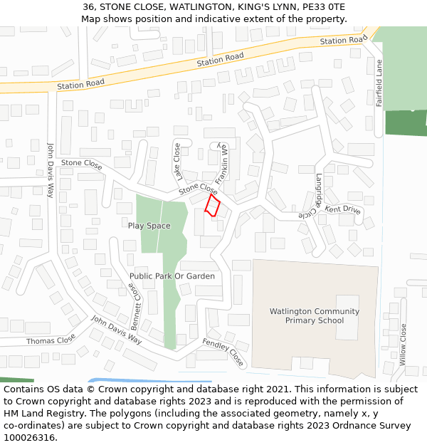 36, STONE CLOSE, WATLINGTON, KING'S LYNN, PE33 0TE: Location map and indicative extent of plot