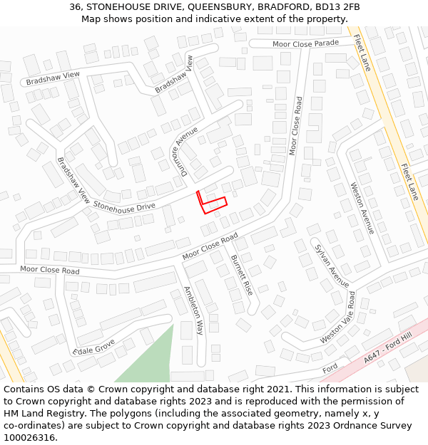 36, STONEHOUSE DRIVE, QUEENSBURY, BRADFORD, BD13 2FB: Location map and indicative extent of plot