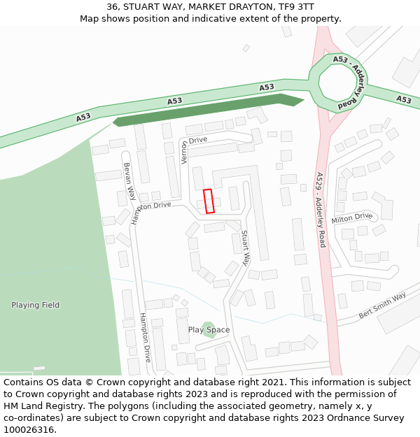 36, STUART WAY, MARKET DRAYTON, TF9 3TT: Location map and indicative extent of plot