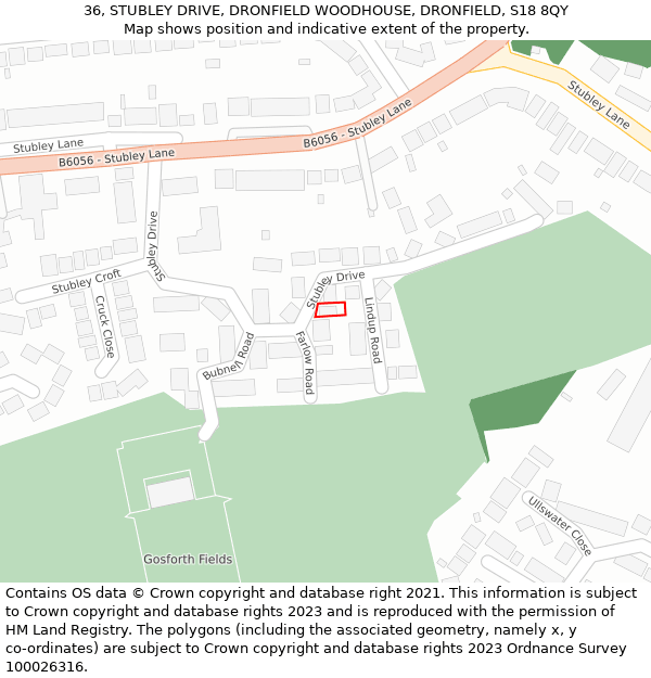 36, STUBLEY DRIVE, DRONFIELD WOODHOUSE, DRONFIELD, S18 8QY: Location map and indicative extent of plot