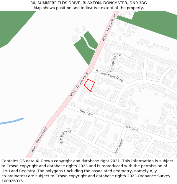 36, SUMMERFIELDS DRIVE, BLAXTON, DONCASTER, DN9 3BG: Location map and indicative extent of plot