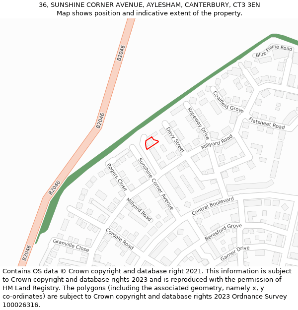 36, SUNSHINE CORNER AVENUE, AYLESHAM, CANTERBURY, CT3 3EN: Location map and indicative extent of plot