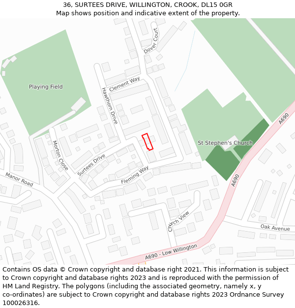 36, SURTEES DRIVE, WILLINGTON, CROOK, DL15 0GR: Location map and indicative extent of plot