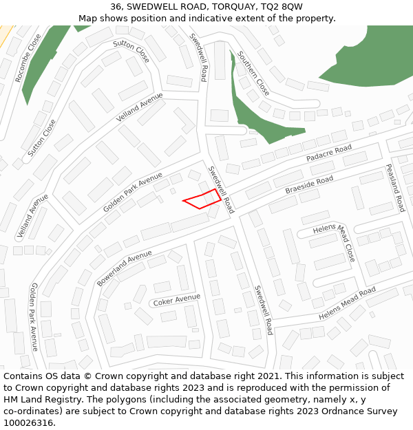 36, SWEDWELL ROAD, TORQUAY, TQ2 8QW: Location map and indicative extent of plot