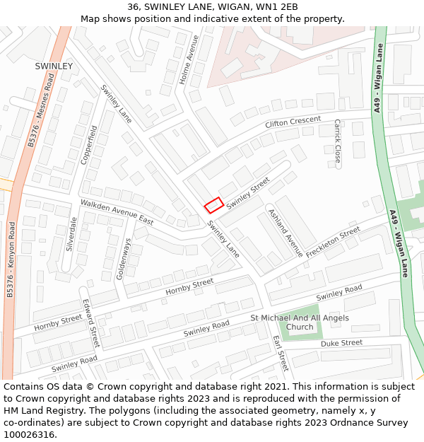 36, SWINLEY LANE, WIGAN, WN1 2EB: Location map and indicative extent of plot