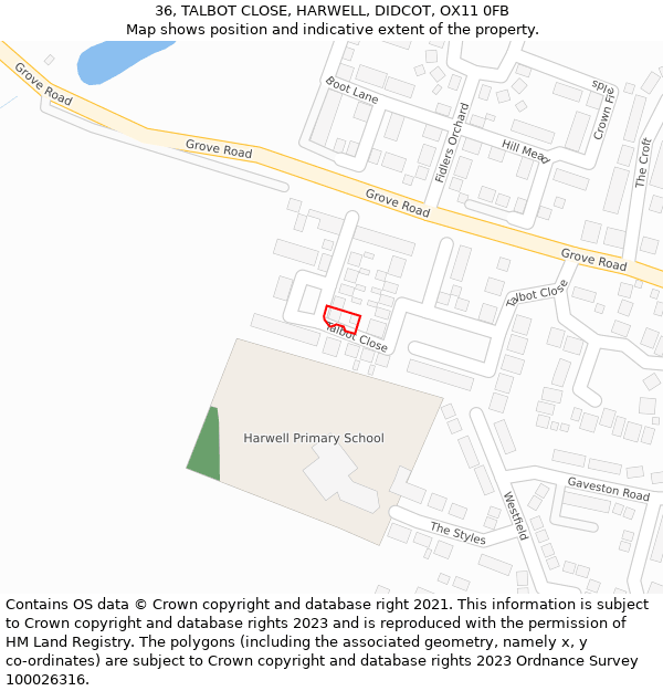 36, TALBOT CLOSE, HARWELL, DIDCOT, OX11 0FB: Location map and indicative extent of plot