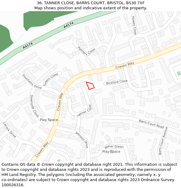 36, TANNER CLOSE, BARRS COURT, BRISTOL, BS30 7XF: Location map and indicative extent of plot