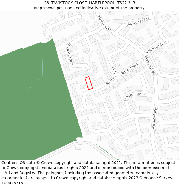 36, TAVISTOCK CLOSE, HARTLEPOOL, TS27 3LB: Location map and indicative extent of plot