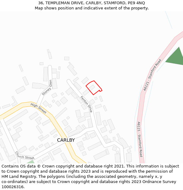 36, TEMPLEMAN DRIVE, CARLBY, STAMFORD, PE9 4NQ: Location map and indicative extent of plot