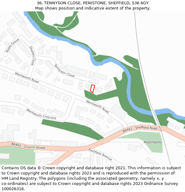 36, TENNYSON CLOSE, PENISTONE, SHEFFIELD, S36 6GY: Location map and indicative extent of plot