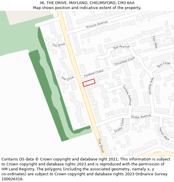 36, THE DRIVE, MAYLAND, CHELMSFORD, CM3 6AA: Location map and indicative extent of plot