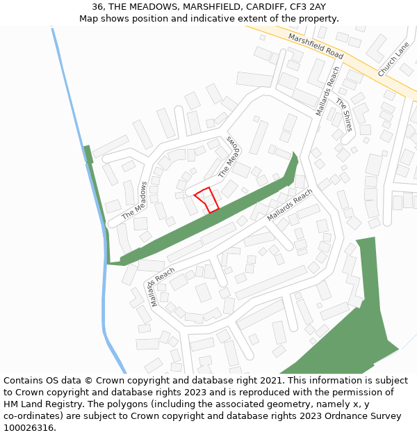 36, THE MEADOWS, MARSHFIELD, CARDIFF, CF3 2AY: Location map and indicative extent of plot