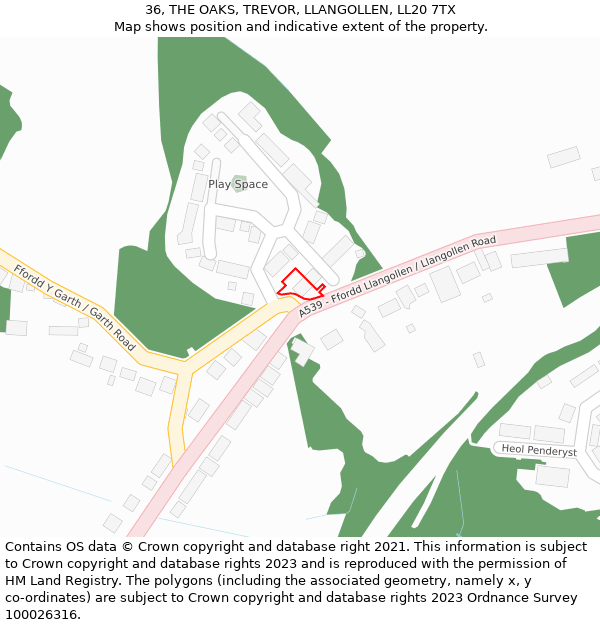 36, THE OAKS, TREVOR, LLANGOLLEN, LL20 7TX: Location map and indicative extent of plot