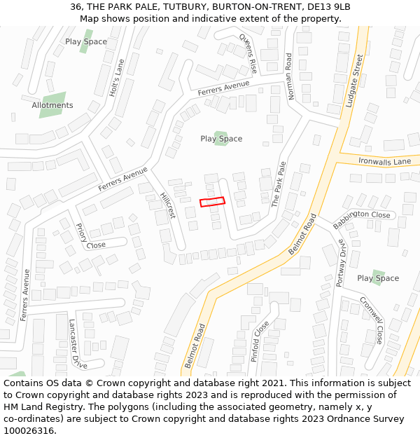 36, THE PARK PALE, TUTBURY, BURTON-ON-TRENT, DE13 9LB: Location map and indicative extent of plot