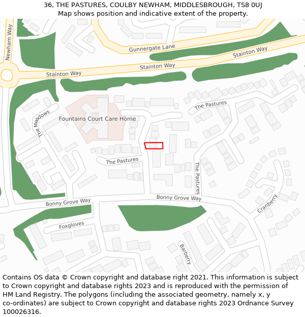 36, THE PASTURES, COULBY NEWHAM, MIDDLESBROUGH, TS8 0UJ: Location map and indicative extent of plot