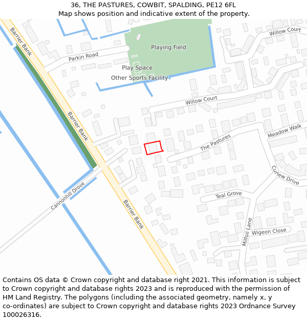 36, THE PASTURES, COWBIT, SPALDING, PE12 6FL: Location map and indicative extent of plot