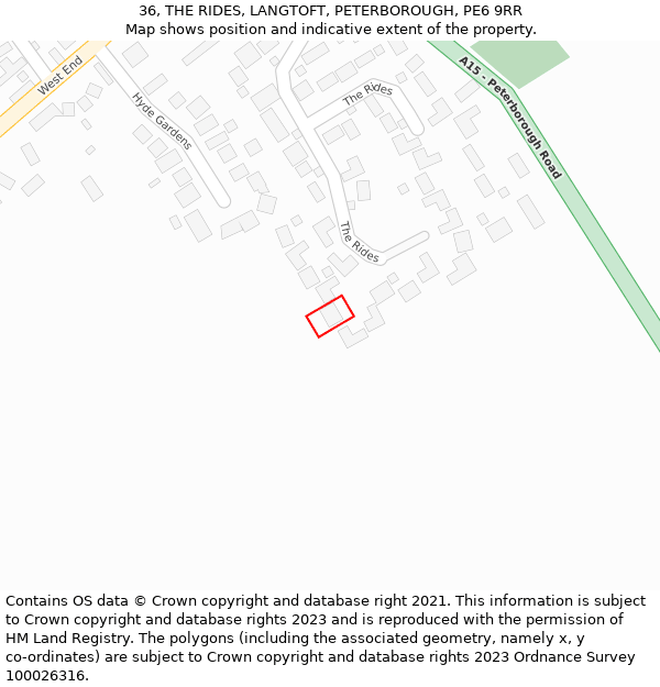 36, THE RIDES, LANGTOFT, PETERBOROUGH, PE6 9RR: Location map and indicative extent of plot