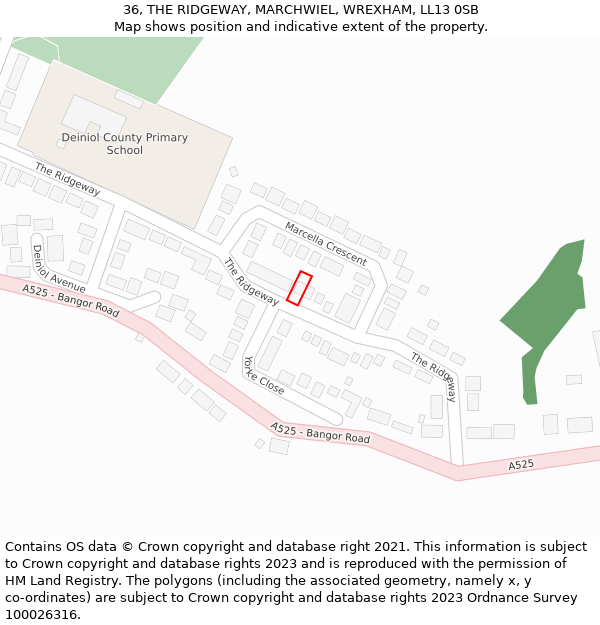 36, THE RIDGEWAY, MARCHWIEL, WREXHAM, LL13 0SB: Location map and indicative extent of plot