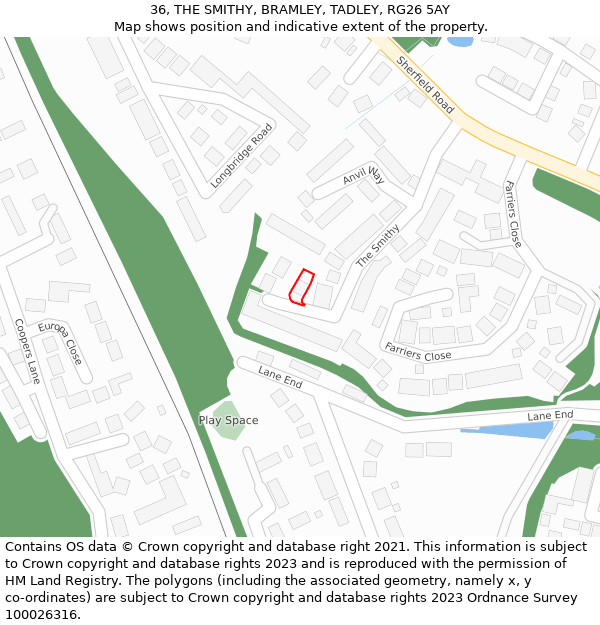 36, THE SMITHY, BRAMLEY, TADLEY, RG26 5AY: Location map and indicative extent of plot