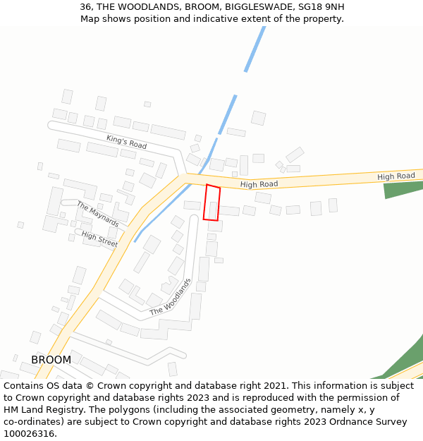 36, THE WOODLANDS, BROOM, BIGGLESWADE, SG18 9NH: Location map and indicative extent of plot