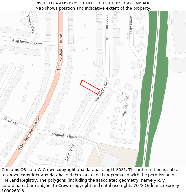 36, THEOBALDS ROAD, CUFFLEY, POTTERS BAR, EN6 4HL: Location map and indicative extent of plot