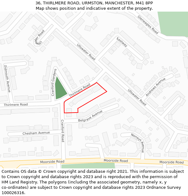 36, THIRLMERE ROAD, URMSTON, MANCHESTER, M41 8PP: Location map and indicative extent of plot