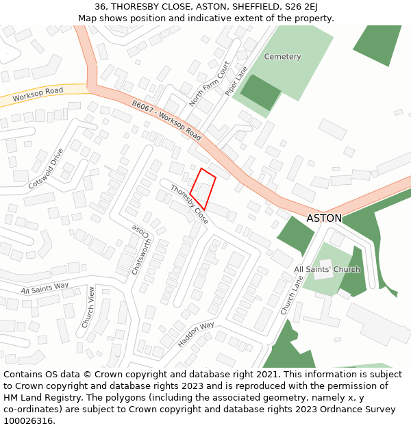 36, THORESBY CLOSE, ASTON, SHEFFIELD, S26 2EJ: Location map and indicative extent of plot
