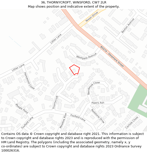 36, THORNYCROFT, WINSFORD, CW7 2LR: Location map and indicative extent of plot