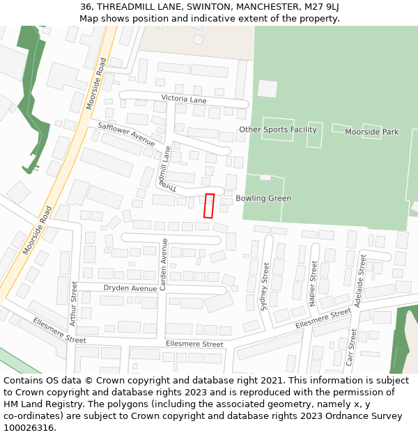 36, THREADMILL LANE, SWINTON, MANCHESTER, M27 9LJ: Location map and indicative extent of plot