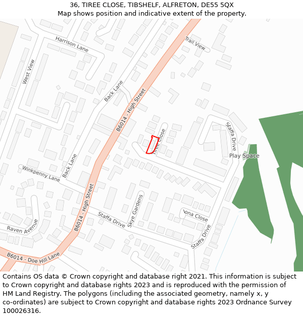 36, TIREE CLOSE, TIBSHELF, ALFRETON, DE55 5QX: Location map and indicative extent of plot