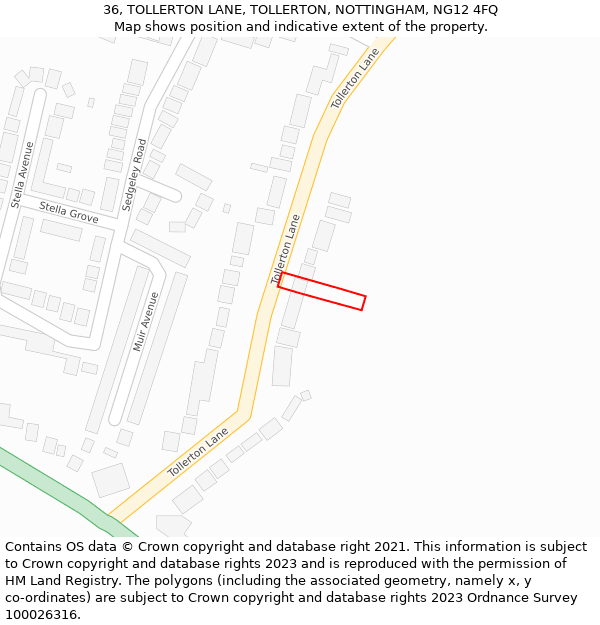 36, TOLLERTON LANE, TOLLERTON, NOTTINGHAM, NG12 4FQ: Location map and indicative extent of plot