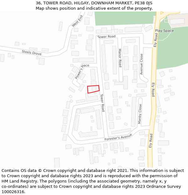 36, TOWER ROAD, HILGAY, DOWNHAM MARKET, PE38 0JS: Location map and indicative extent of plot