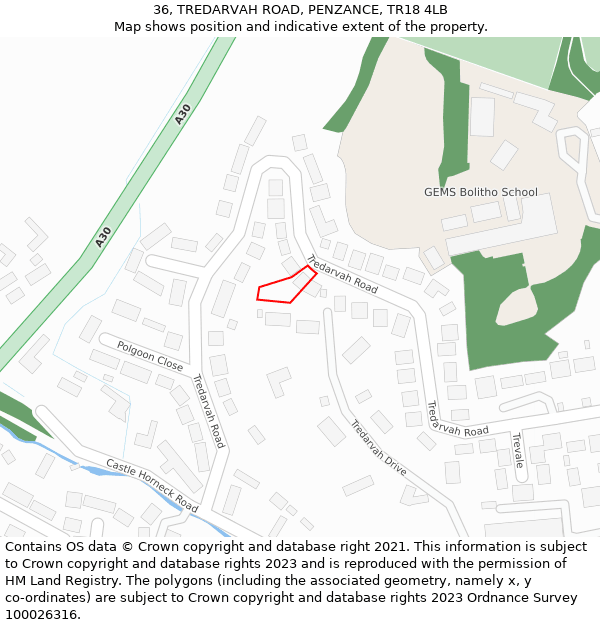 36, TREDARVAH ROAD, PENZANCE, TR18 4LB: Location map and indicative extent of plot