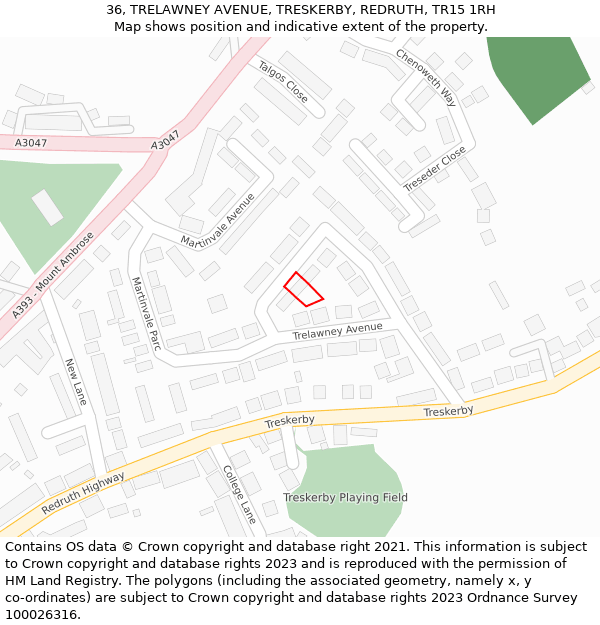 36, TRELAWNEY AVENUE, TRESKERBY, REDRUTH, TR15 1RH: Location map and indicative extent of plot