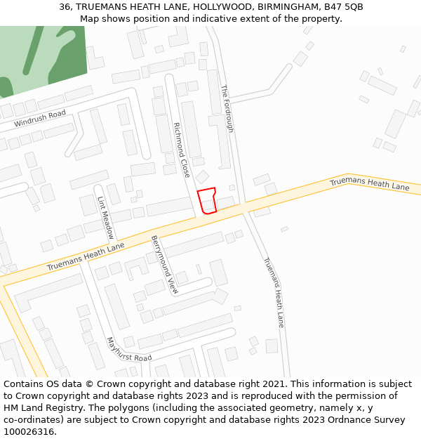 36, TRUEMANS HEATH LANE, HOLLYWOOD, BIRMINGHAM, B47 5QB: Location map and indicative extent of plot