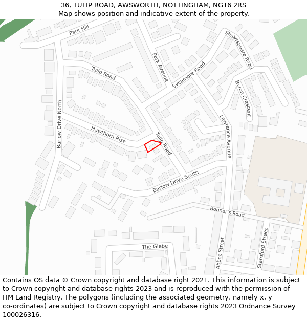 36, TULIP ROAD, AWSWORTH, NOTTINGHAM, NG16 2RS: Location map and indicative extent of plot