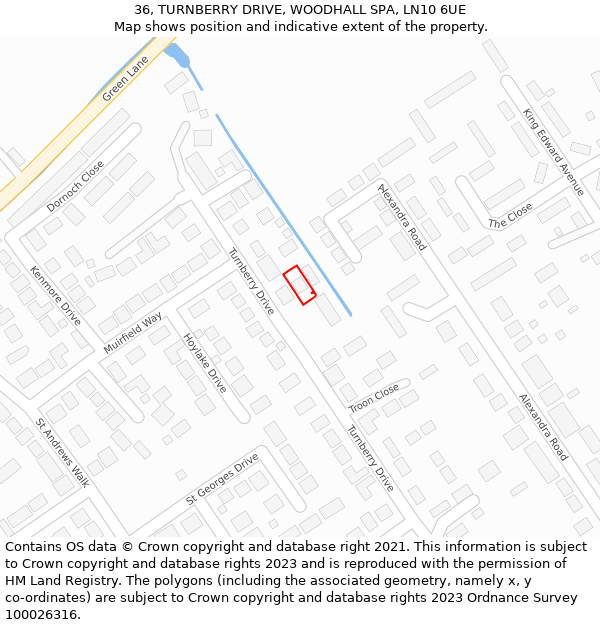 36, TURNBERRY DRIVE, WOODHALL SPA, LN10 6UE: Location map and indicative extent of plot